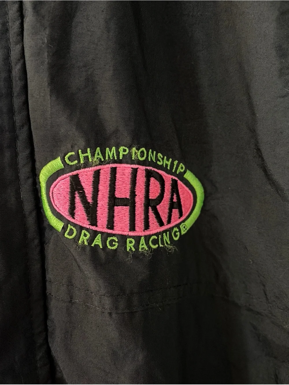 Vtg NHRA Black Neon Racing Jacket Main Gate PowerAde Drag Racing Sport Service